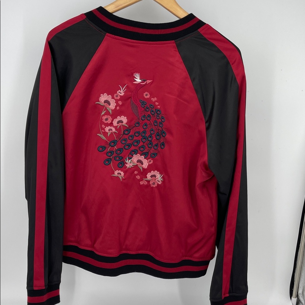Ashley By 26 International Ruby Red Embroidered Peacock Bomber Jacket Women XL